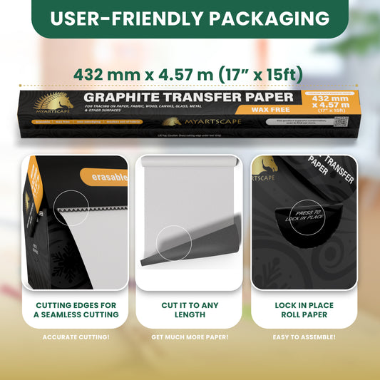 User-friendly packaging for MyArtscape Graphite Transfer Paper Roll, 17” x 15ft, with seamless cutting edges, customizable length, and secure lock-in feature.