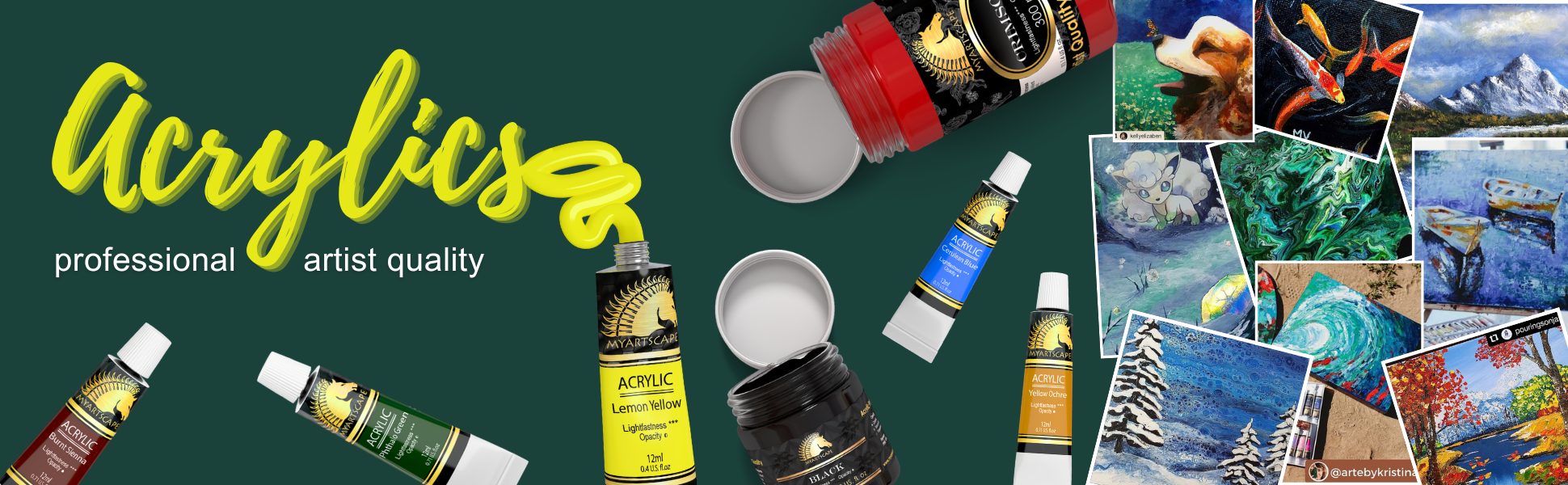 myartscape group of paint tube and a collage of paintings