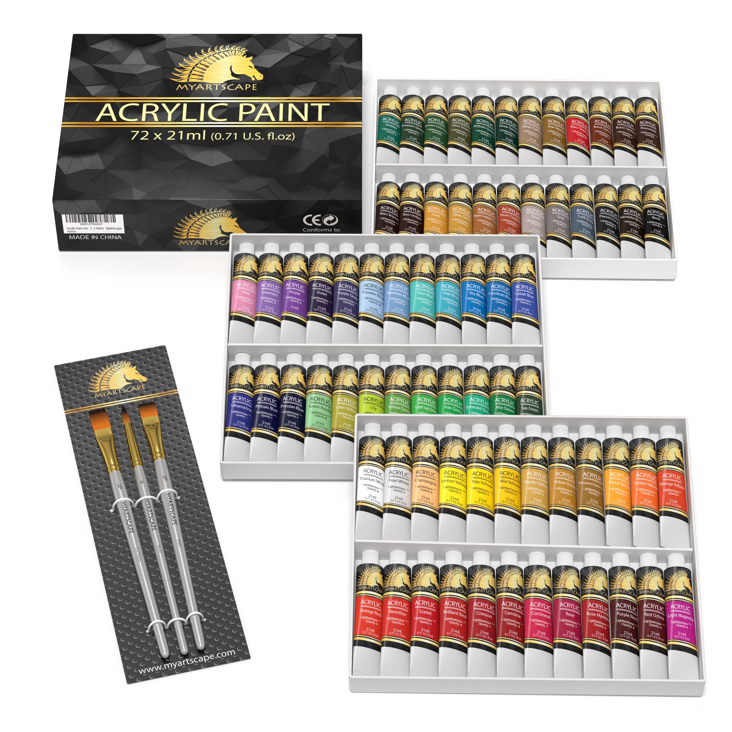 Acrylic Paint Set, 21ml Tubes - Set of 72 with 3 Paint Brushes