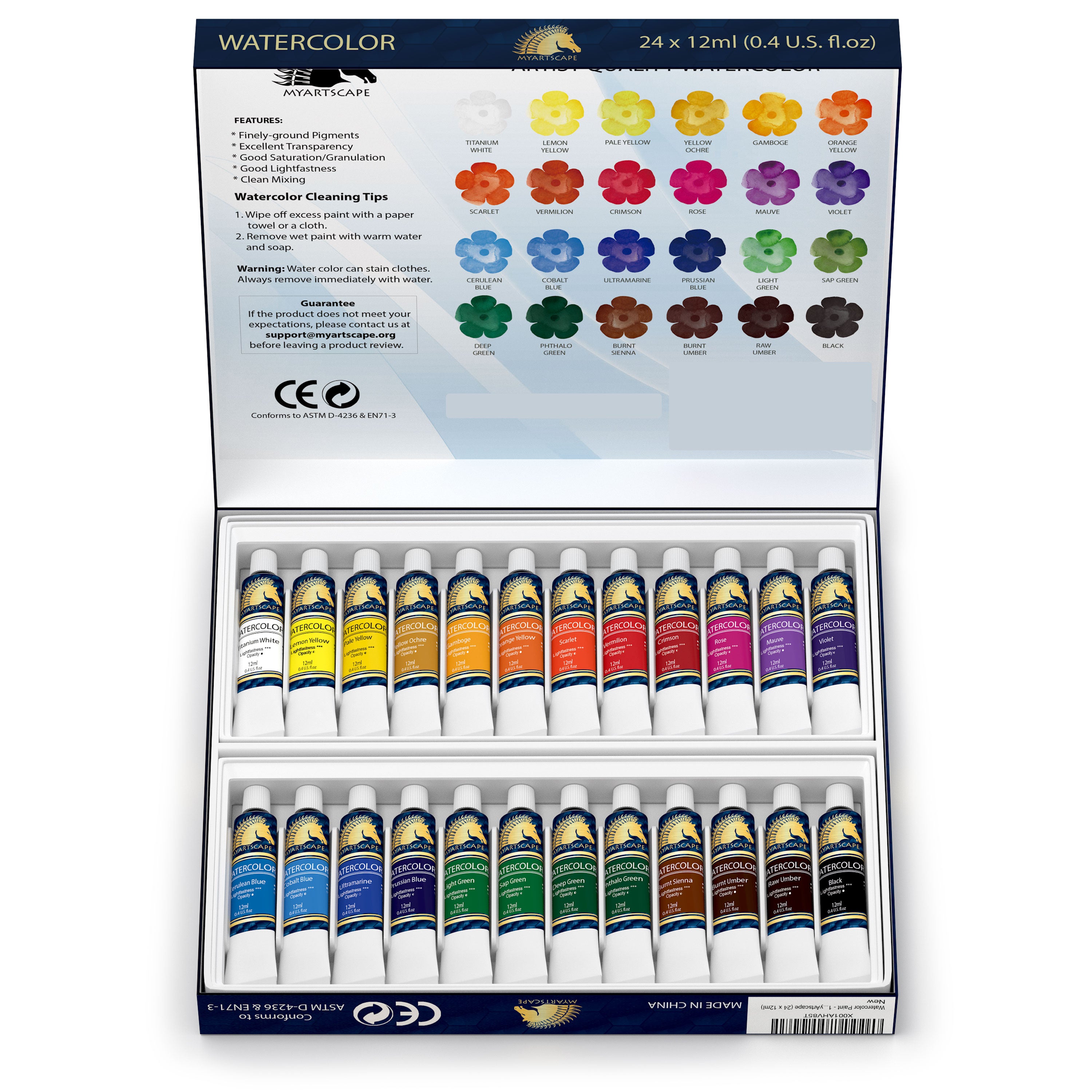 Watercolor Paint Set, 12ml Tubes - 24 Colors