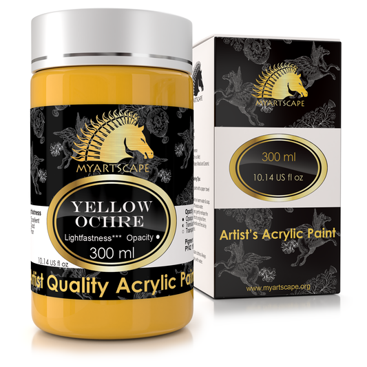 300ml bottle of yellow ochre with a box next to it
